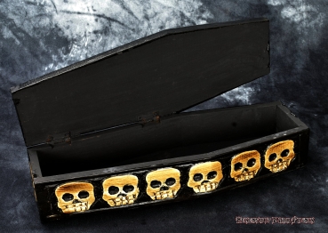 Hexenshop Dark Phönix Voodoo Schwarzer Holzsarg mit goldenen Skelett und Totenköpfen